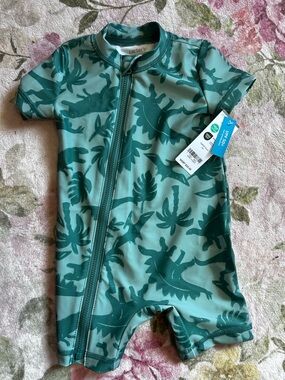 Carter's Teal Green Dinosaur Print Short-Sleeve Swim Romper